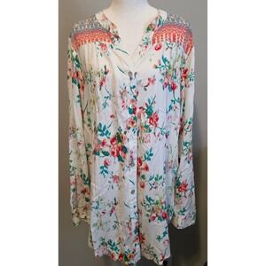 Figueroa & Flower Womens XL Button Up Tunic Blouse Floral Print Art to Wear Boho